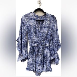 💕 Ina Off The Shoulder Blue/White Romper 3/4 Sleeves Ruffled Top in Small